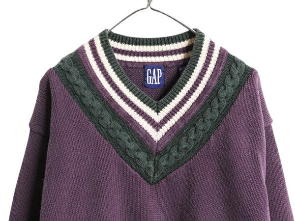 90s OLD GAP チルデン コットン ニット セーター メンズ М 90年代 オールド ギャップ 紺タグ Vネック ヘビーウェイト ケーブル ライン入り