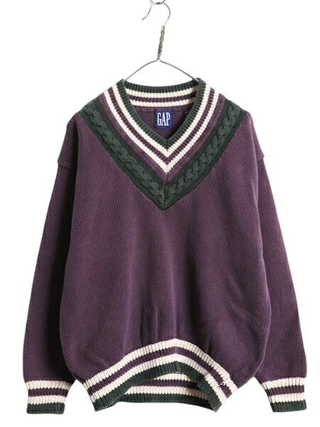 90s OLD GAP チルデン コットン ニット セーター メンズ М 90年代 オールド ギャップ 紺タグ Vネック ヘビーウェイト ケーブル ライン入り