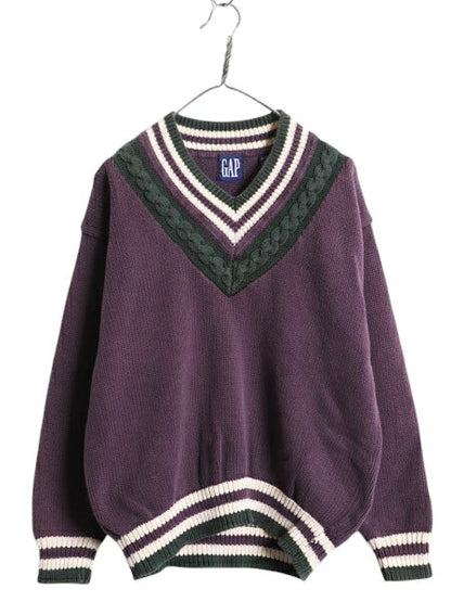 90s OLD GAP チルデン コットン ニット セーター メンズ М 90年代 オールド ギャップ 紺タグ Vネック ヘビーウェイト ケーブル ライン入り