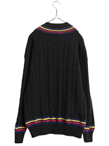 90s OLD GAP チルデン ケーブル ニット セーター メンズ L / 古着 黒 オールド ギャップ 紺タグ Vネック ヘビーウェイト コットン ブラック