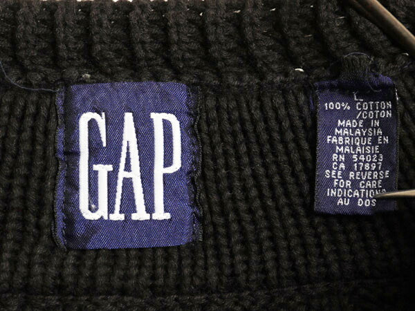 90s OLD GAP チルデン ケーブル ニット セーター メンズ L / 古着 黒 オールド ギャップ 紺タグ Vネック ヘビーウェイト コットン ブラック