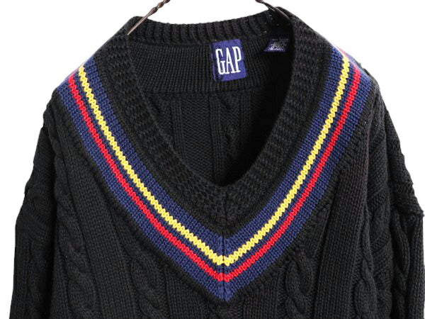 90s OLD GAP チルデン ケーブル ニット セーター メンズ L / 古着 黒 オールド ギャップ 紺タグ Vネック ヘビーウェイト コットン ブラック