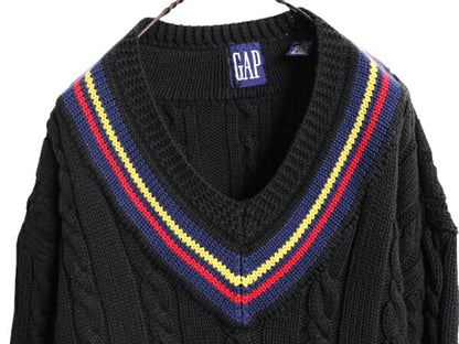 90s OLD GAP チルデン ケーブル ニット セーター メンズ L / 古着 黒 オールド ギャップ 紺タグ Vネック ヘビーウェイト コットン ブラック