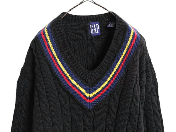 90s OLD GAP チルデン ケーブル ニット セーター メンズ L / 古着 黒 オールド ギャップ 紺タグ Vネック ヘビーウェイト コットン ブラック
