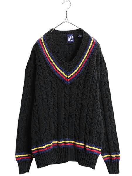90s OLD GAP チルデン ケーブル ニット セーター メンズ L / 古着 黒 オールド ギャップ 紺タグ Vネック ヘビーウェイト コットン ブラック