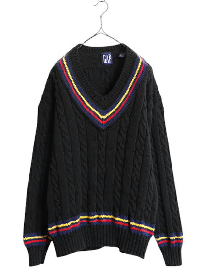 90s OLD GAP チルデン ケーブル ニット セーター メンズ L / 古着 黒 オールド ギャップ 紺タグ Vネック ヘビーウェイト コットン ブラック