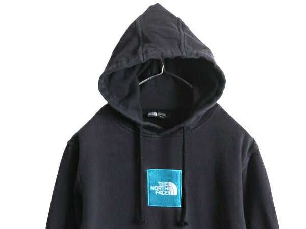 US企画 ノースフェイス スウェット フード パーカー メンズ S 古着 The North Face プルオーバー 裏起毛 ブラック アウトドア ロゴ刺繍 黒