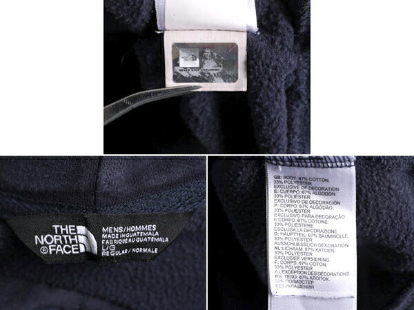 ノースフェイス プリント スウェット フード パーカー メンズ L 古着 The North Face プルオーバー 裏起毛 トレーナー アウトドア 薄手 紺
