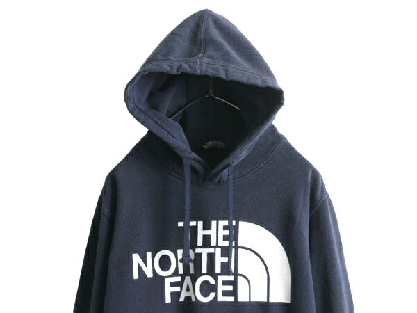 ノースフェイス プリント スウェット フード パーカー メンズ L 古着 The North Face プルオーバー 裏起毛 トレーナー アウトドア 薄手 紺