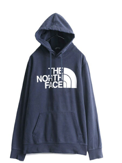 ノースフェイス プリント スウェット フード パーカー メンズ L 古着 The North Face プルオーバー 裏起毛 トレーナー アウトドア 薄手 紺