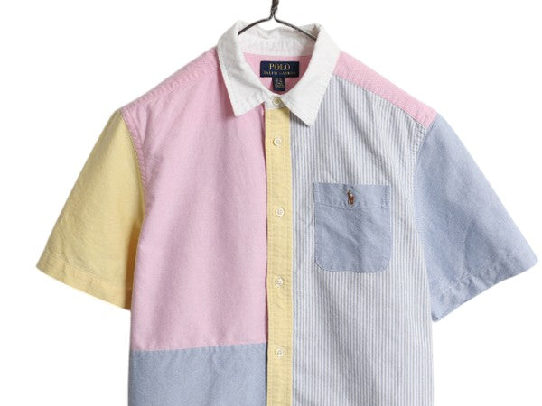 ポロ ラルフローレン オックスフォード 半袖 シャツ キッズ XL メンズ S 程 古着 クレイジー パターン ストライプ マルチカラー カジュアル
