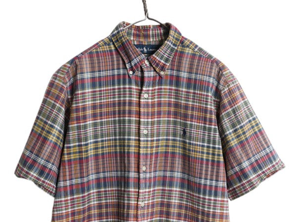 90s ラルフローレン マドラス チェック 半袖 ボタンダウン シャツ メンズ L オールド ポロ 半袖シャツ コットン ワンポイント マルチカラー