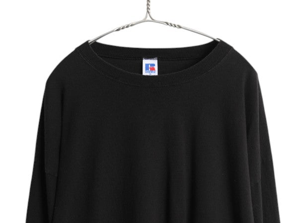 90s ラッセル 無地 長袖 Tシャツ メンズ XL 古着 オールド ロンT ロングスリーブ カットソー ワンポイント ブランク 大きいサイズ ブラック