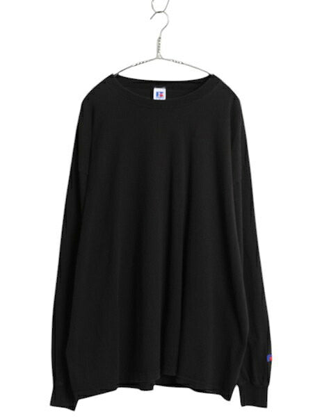 90s ラッセル 無地 長袖 Tシャツ メンズ XL 古着 オールド ロンT ロングスリーブ カットソー ワンポイント ブランク 大きいサイズ ブラック
