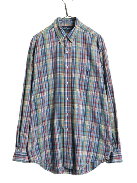 90s ラルフローレン マドラス チェック 長袖 ボタンダウン シャツ メンズ L オールド ポロ コットン 長袖シャツ マルチカラー ワンポイント