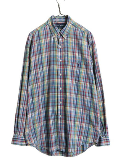 90s ラルフローレン マドラス チェック 長袖 ボタンダウン シャツ メンズ L オールド ポロ コットン 長袖シャツ マルチカラー ワンポイント