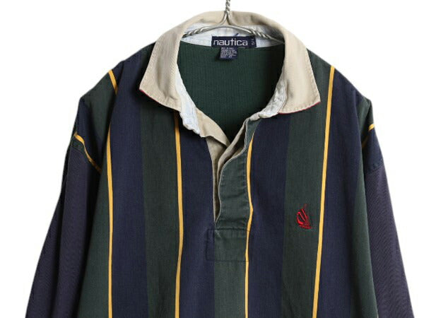 90s ノーティカ ストライプ 長袖 ラガーシャツ メンズ L / 古着 オールド ラグビー 長袖シャツ ワンポイント ヘビーウェイト マルチカラー