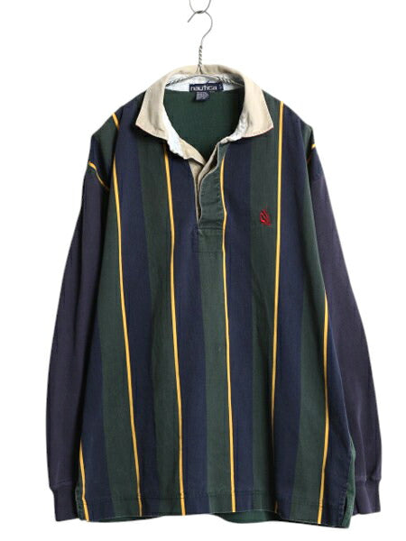 90s ノーティカ ストライプ 長袖 ラガーシャツ メンズ L / 古着 オールド ラグビー 長袖シャツ ワンポイント ヘビーウェイト マルチカラー