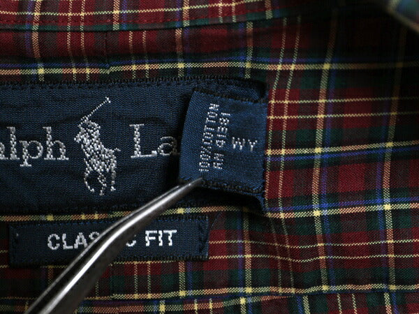 90s ラルフローレン チェック 長袖 ボタンダウン シャツ メンズ М / オールド ポロ 長袖シャツ コットン ワンポイント マルチカラー 薄手