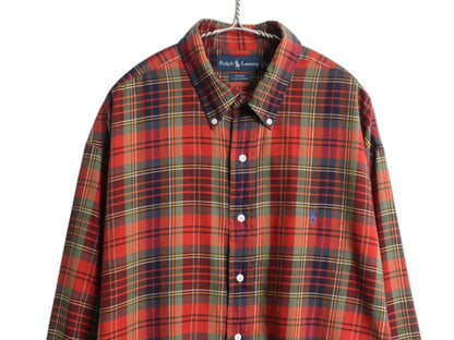 90s ラルフローレン チェック 長袖 ボタンダウン シャツ メンズ XL オールド ポロ 長袖シャツ コットン マルチカラー 大きいサイズ 薄手 BD