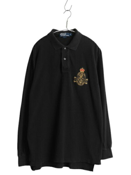 90s ポロ ラルフローレン 鹿の子 長袖 ポロシャツ メンズ L / オールド 長袖シャツ コットン ワンポイント カットソー シンプル ブラック