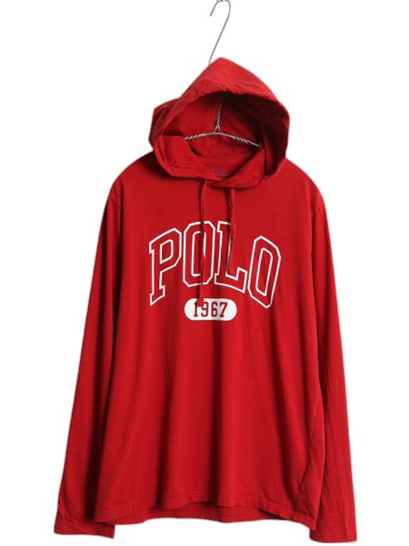 ポロ ラルフローレン プリント フード パーカー メンズ М 古着 コットン 長袖 Tシャツ フード付き ロンT プルオーバー カットソー レッド