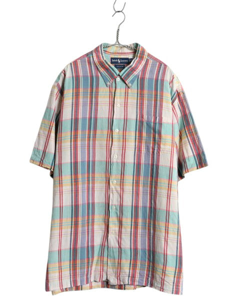 90s ラルフローレン マドラス チェック 3点留め 半袖 ボタンダウン シャツ メンズ XL オールド ポロ コットン 半袖シャツ 大きいサイズ BD