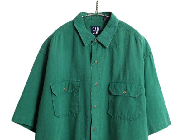 90s オールド ギャップ 半袖 シャツ メンズ XL / 古着 旧タグ 無地 リネン コットン ポケット付き 薄手 カジュアル グリーン 大きいサイズ