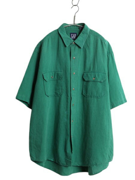 90s オールド ギャップ 半袖 シャツ メンズ XL / 古着 旧タグ 無地 リネン コットン ポケット付き 薄手 カジュアル グリーン 大きいサイズ