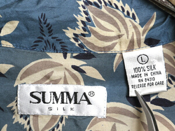 90s SUMMA 半袖 アロハ シャツ メンズ L 古着 オールド 100% シルク 半袖シャツ ハワイアン ポケット付き 高級 総柄 マルチカラー ゆったり