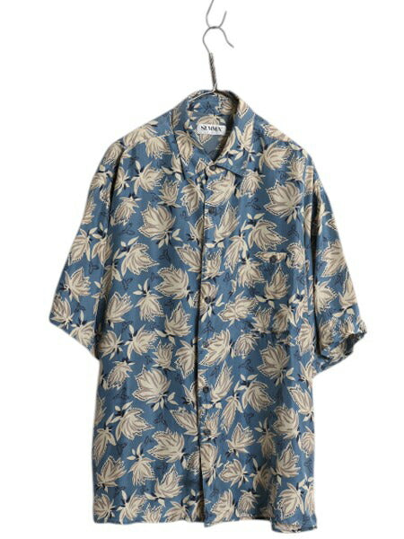 90s SUMMA 半袖 アロハ シャツ メンズ L 古着 オールド 100% シルク 半袖シャツ ハワイアン ポケット付き 高級 総柄 マルチカラー ゆったり