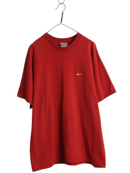 00s ナイキ スモール スウッシュ 刺繍 半袖 Tシャツ メンズ XL オールド コットン ワンポイント シンプル カットソー 大きいサイズ レッド