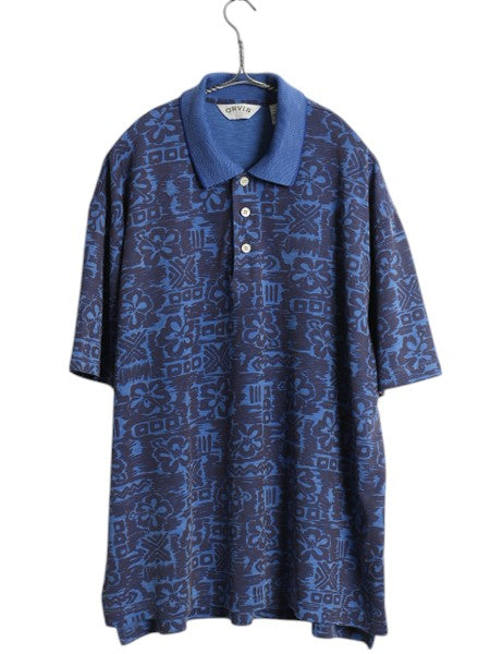 00s オービス 総柄 半袖 ポロシャツ メンズ XL オールド 半袖シャツ スムース 素材 アロハ ハワイアン マルチカラー 大きいサイズ ゆったり