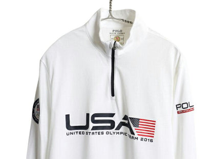 ポロ ラルフローレン ハーフジップ プリント 長袖 Tシャツ メンズ М / 2016 オリンピック アメリカ代表 ロンT ハイネック プルオーバー 白