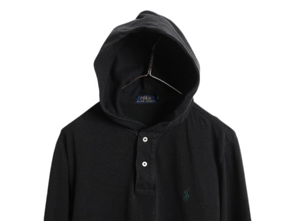 ポロ ラルフローレン 鹿の子 フード パーカー メンズ M / フード付き ポロシャツ 長袖 Tシャツ ロンT プルオーバー カットソー ボックス 黒