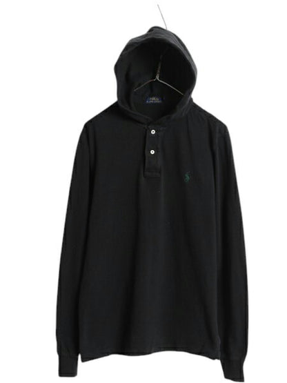 ポロ ラルフローレン 鹿の子 フード パーカー メンズ M / フード付き ポロシャツ 長袖 Tシャツ ロンT プルオーバー カットソー ボックス 黒