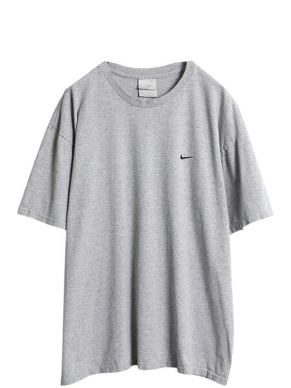 00s ナイキ スモール スウッシュ 刺繍 半袖 Tシャツ メンズ XL オールド コットン ワンポイント シンプル カットソー 大きいサイズ グレー