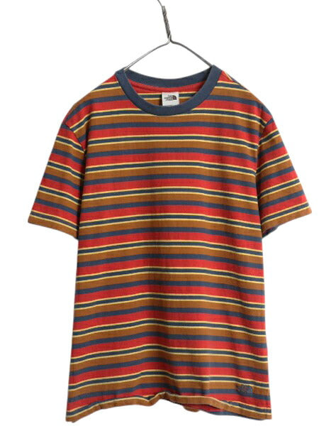 ノースフェイス ボーダー 半袖 Tシャツ メンズ M 古着 アウトドア ヘビーウェイト コットン ワンポイント カットソー マルチカラー 茶タグ
