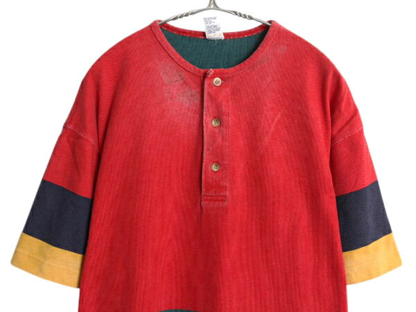 90s オールド ギャップ  ヘンリーネック ボーダー 半袖 Tシャツ メンズ S / ヘビーウェイト コットン ラガーシャツ 素材 厚手 マルチカラー