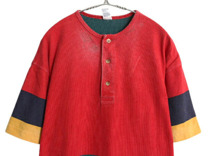 90s オールド ギャップ  ヘンリーネック ボーダー 半袖 Tシャツ メンズ S / ヘビーウェイト コットン ラガーシャツ 素材 厚手 マルチカラー
