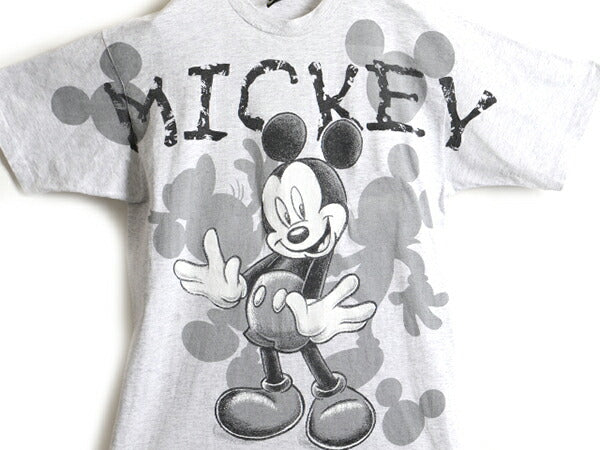 90s ■ ディズニー オフィシャル ミッキー オーバー プリント 半袖 Tシャツ ( メンズ レディース XL 程) 古着 90年代 キャラクター 杢灰
