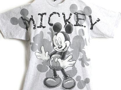 90s ■ ディズニー オフィシャル ミッキー オーバー プリント 半袖 Tシャツ ( メンズ レディース XL 程) 古着 90年代 キャラクター 杢灰
