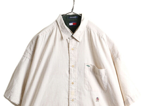 90s ■ トミーヒルフィガー コットン リネン 半袖 シャツ メンズ L / 古着 90年代 TOMMY HILFIGER ポケット付き ワンポイント ナチュラル