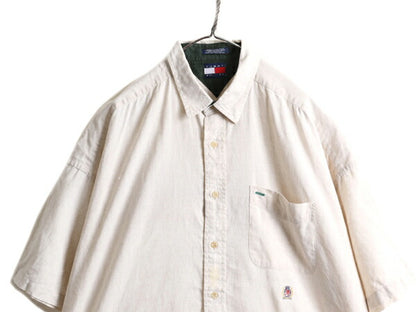 90s ■ トミーヒルフィガー コットン リネン 半袖 シャツ メンズ L / 古着 90年代 TOMMY HILFIGER ポケット付き ワンポイント ナチュラル