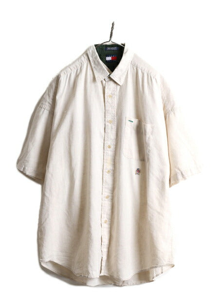 90s ■ トミーヒルフィガー コットン リネン 半袖 シャツ メンズ L / 古着 90年代 TOMMY HILFIGER ポケット付き ワンポイント ナチュラル