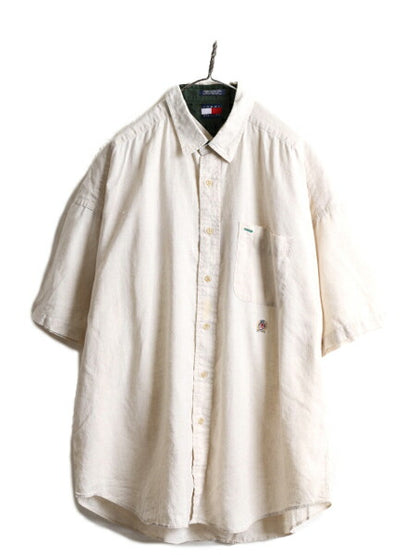 90s ■ トミーヒルフィガー コットン リネン 半袖 シャツ メンズ L / 古着 90年代 TOMMY HILFIGER ポケット付き ワンポイント ナチュラル