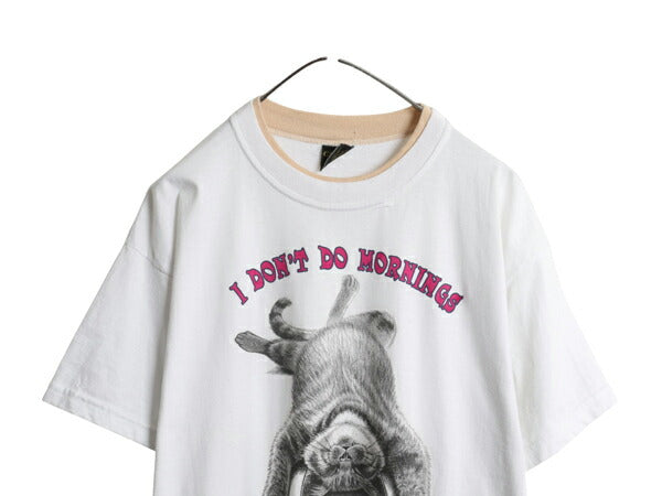 90s USA製 ネコ イラスト プリント Tシャツ メンズ レディース XL / オールド アニマル アート キャラクター メッセージ 大きいサイズ 白