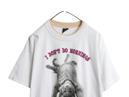 90s USA製 ネコ イラスト プリント Tシャツ メンズ レディース XL / オールド アニマル アート キャラクター メッセージ 大きいサイズ 白