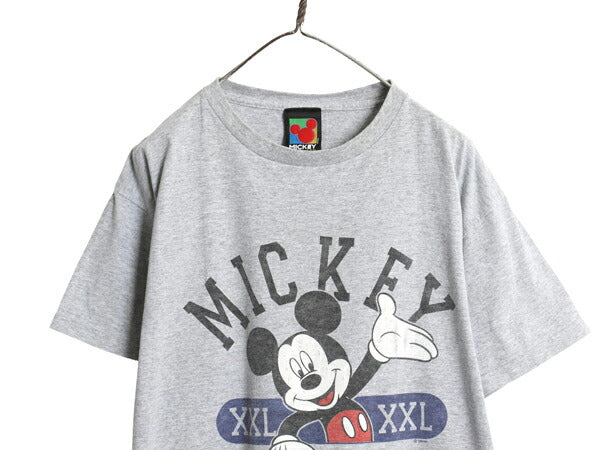 90s ミッキー イラスト プリント Tシャツ メンズ レディース L / 古着 オールド ディズニー オフィシャル キャラクター ヘビーウェイト 灰