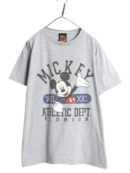 90s ミッキー イラスト プリント Tシャツ メンズ レディース L / 古着 オールド ディズニー オフィシャル キャラクター ヘビーウェイト 灰
